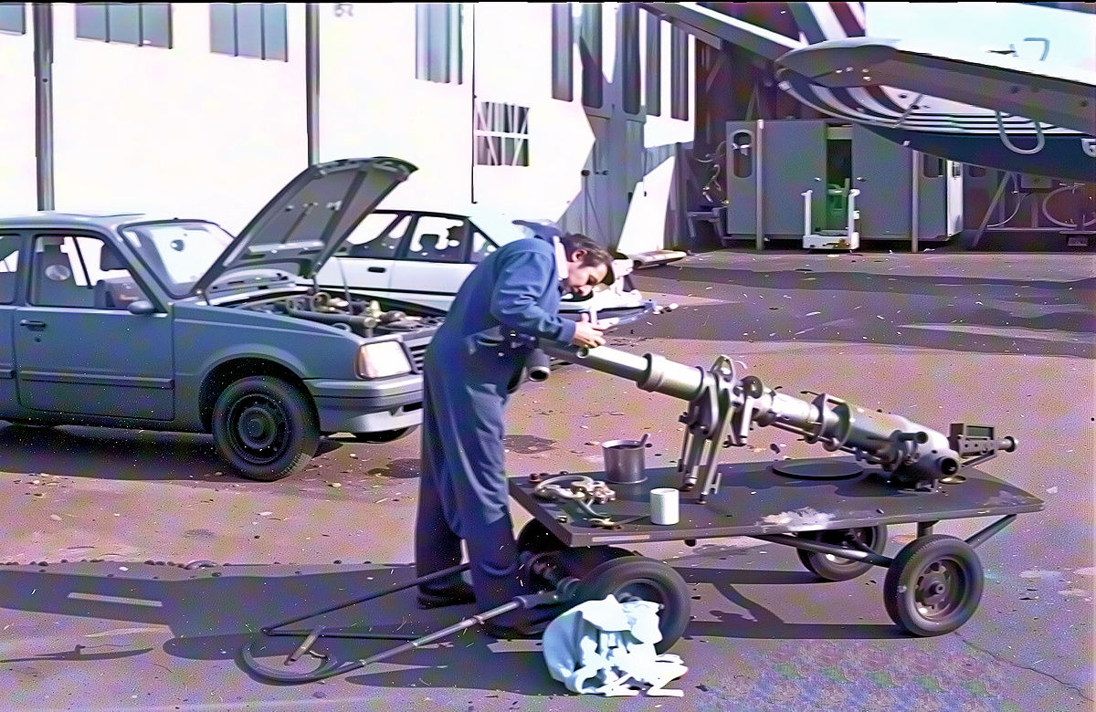 Mick Bates working on one of Viscount G-APIM's undercarriage legs at Brooklands